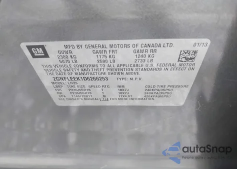 2013 Chevrolet Equinox 1Lt из США, поврежденный, VIN 2GNFLEEK1D6266253